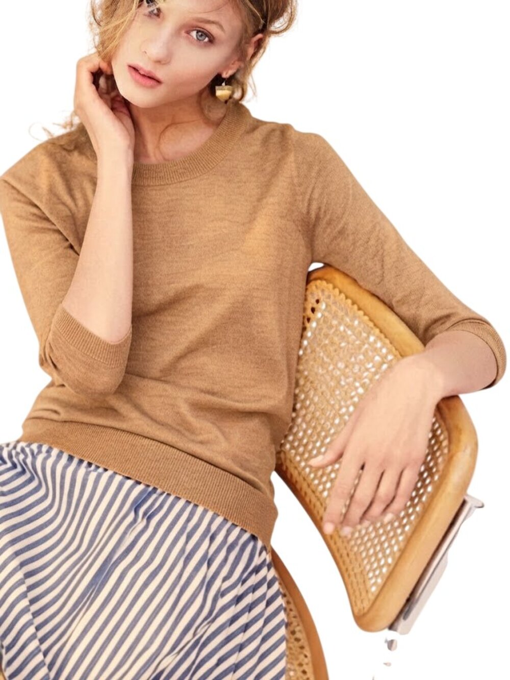 J.Crew 3/4 Sleeve Merino Wool Tippi Sweater Marled Camel Small